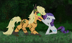 Size: 1500x900 | Tagged: safe, artist:eulicious, character:applejack, character:rarity, ship:rarijack, crying, female, floppy ears, forest, lesbian, looking at each other, messy mane, original species, shipping, species swap, timber pony, timber wolf, timber wolfified, timberjack