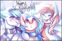 Size: 1637x1099 | Tagged: safe, artist:kurochhi, oc, oc only, species:earth pony, species:pegasus, species:pony, species:unicorn, clothing, female, happy holidays, male, mare, one eye closed, scarf, stallion, wink