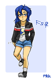 Size: 500x750 | Tagged: safe, artist:prk, character:flash sentry, my little pony:equestria girls, blushing, clothing, converse, equestria guys, flare warden, male, pixiv, rule 63, shoes, shorts, solo, tomboy