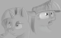 Size: 1280x812 | Tagged: safe, artist:itsthinking, character:rarity, character:twilight sparkle, bust, floppy ears, monochrome, open mouth, portrait, smiling