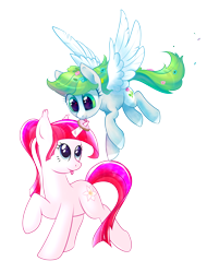 Size: 3128x4120 | Tagged: safe, artist:haltie, artist:ratiasuq, oc, oc only, species:pegasus, species:pony, species:unicorn, derpibooru community collaboration, 2017 community collab, absurd resolution, blep, donut, duo, duo female, female, flower, flower in hair, flying, food, foodplay, heart eyes, horn grab, licking, messy mane, raised hoof, raised leg, simple background, smiling, spread wings, tongue out, transparent background, wingding eyes, wings