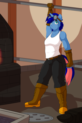 Size: 2000x3000 | Tagged: safe, artist:cainesart, oc, oc only, oc:ryo, species:anthro, species:plantigrade anthro, armpits, boots, clothing, forge, goggles, solo