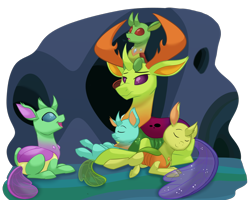 Size: 1500x1200 | Tagged: safe, artist:itstaylor-made, character:thorax, oc, oc:apex, species:changeling, species:reformed changeling, fanfic:the king of love bugs, episode:to where and back again, g4, my little pony: friendship is magic, changedling oc, changeling hive, changeling oc, cuddling, cute, cuteling, eyes closed, fanfic, fanfic art, nymph, open mouth, papa thorax, pony hat, sleeping, smiling, snuggling, thorabetes