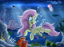 Size: 2977x2220 | Tagged: safe, artist:willisninety-six, character:fluttershy, species:sea pony, fish, jellyfish, manta ray, swimming, underwater, watershy