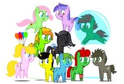 Size: 2700x1850 | Tagged: safe, artist:bladedragoon7575, oc, oc only, oc:balance blade, oc:lola balloon, oc:savvy, oc:squeaky plaything, species:changeling, species:earth pony, species:pegasus, species:pony, species:unicorn, bubble, chibi, cute, floating, group, group photo, in bubble, pointy ponies, swirlicorn, werewolf