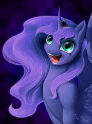 Size: 1024x1384 | Tagged: safe, artist:the1xeno1, character:princess luna, cute, female, fluffy, happy, lunabetes, open mouth, solo, spread wings, wings