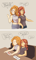 Size: 1280x2149 | Tagged: safe, artist:mlp-hearts, character:adagio dazzle, character:sunset shimmer, ship:sunsagio, my little pony:equestria girls, belly, clothing, comic, dialogue, female, food, lesbian, midriff, shipping, sunset sushi, sushi, tank top
