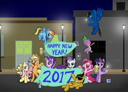Size: 5080x3645 | Tagged: safe, artist:oinktweetstudios, character:applejack, character:fluttershy, character:pinkie pie, character:rainbow dash, character:rarity, character:spike, character:starlight glimmer, character:twilight sparkle, character:twilight sparkle (alicorn), oc, oc:oink, oc:tweet, species:alicorn, species:pegasus, species:pony, 2017, absurd resolution, banner, bipedal, cider, drink, grin, happy, happy new year 2017, lamp post, levitation, lidded eyes, magic, mane seven, mane six, open mouth, smiling, sunglasses, telekinesis