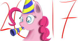Size: 1280x670 | Tagged: safe, artist:itsthinking, character:pinkie pie, 2017, bust, clothing, female, hat, noisemaker, party hat, portrait, simple background, solo