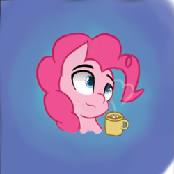 Size: 675x675 | Tagged: safe, artist:purpleblackkiwi, character:pinkie pie, bust, button, chocolate, cute, drink, female, food, hot chocolate, solo, steam, winter