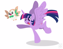 Size: 3300x2550 | Tagged: safe, artist:inspectornills, character:twilight sparkle, character:twilight sparkle (alicorn), species:alicorn, species:pony, big wings, crossover, cute, duo, flying, open mouth, pokémon, pokémon sun and moon, rowlet, shadow, simple background, smiling, spread wings, twiabetes, white background, wings