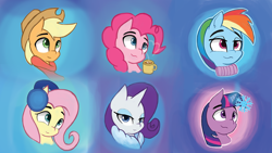 Size: 1920x1080 | Tagged: safe, artist:purpleblackkiwi, character:applejack, character:fluttershy, character:pinkie pie, character:rainbow dash, character:rarity, character:twilight sparkle, clothing, cute, hat, mane six, scarf