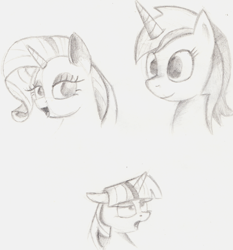 Size: 1250x1342 | Tagged: safe, artist:itsthinking, character:lyra heartstrings, character:rarity, character:twilight sparkle, bust, faec, monochrome, pencil drawing, portrait, traditional art