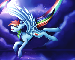 Size: 2500x2000 | Tagged: safe, artist:kurochhi, character:rainbow dash, cloud, female, flying, high res, moon, night, rainbow trail, solo, water
