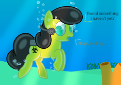 Size: 2700x1900 | Tagged: safe, artist:bladedragoon7575, oc, oc only, oc:fume hood, clothing, diving, hazmat suit, latex, latex pony, latex suit, living clothes, living object, living suit, object pony, original species, ponified, rubber, scuba, shiny, suit, translucent, underwater