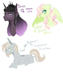 Size: 3000x3484 | Tagged: safe, artist:kittii-kat, oc, oc only, oc:angelique, oc:butterscotch pie, oc:soleil, parent:fluttershy, parent:rarity, parents:flarity, parents:lunatavia, species:earth pony, species:pegasus, species:pony, species:unicorn, female, high res, lesbian, magical lesbian spawn, male, mare, offspring, parents:derpystone, prone, shipping, simple background, stallion, white background