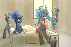 Size: 1250x820 | Tagged: safe, artist:jalm, character:nightmare moon, character:princess luna, character:queen chrysalis, species:changeling, alternate hairstyle, antagonist, bathrobe, bed, clothing, cute, cutealis, grooming, observer, pigtails, robe, spa, surprised, twintails
