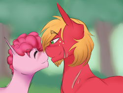 Size: 3974x2982 | Tagged: safe, artist:kittii-kat, character:big mcintosh, character:pinkie pie, species:earth pony, species:pony, ship:pinkiemac, alternate hairstyle, blushing, cute, high res, male, nuzzling, scar, shipping, short hair, stallion, straight