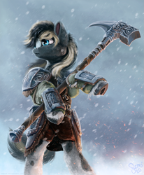 Size: 1235x1500 | Tagged: safe, artist:nemo2d, oc, oc only, species:pony, armor, bipedal, commission, crossover, hammer, looking away, male, skyrim, snow, snowfall, solo, stallion, the elder scrolls, war hammer, weapon