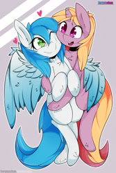 Size: 1280x1920 | Tagged: safe, artist:enryuuchan, oc, oc only, oc:bright heart, oc:tied hooves, species:pegasus, species:pony, species:unicorn, bipedal, heart, looking at each other