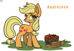 Size: 2360x1636 | Tagged: safe, artist:amy-gamy, character:applejack, species:earth pony, species:pony, apple, basket, female, food, freckles, hatless, head turn, looking at you, mare, missing accessory, name, simple background, solo, white background