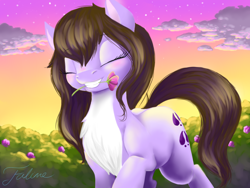 Size: 1024x768 | Tagged: safe, artist:faline-art, oc, oc only, species:pony, chest fluff, eyes closed, female, flower, grin, mare, smiling, solo, sunset
