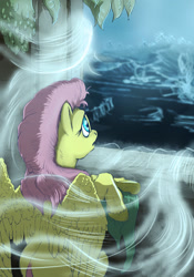 Size: 1280x1829 | Tagged: safe, artist:lucky dragoness, character:fluttershy, explicit source, eyelashes, female, looking away, ocean, solo, unshorn fetlocks, wave, wind, window