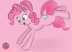 Size: 3009x2173 | Tagged: safe, artist:itsthinking, character:pinkie pie, ball, behaving like a dog, cute, eyes on the prize, female, jumping, open mouth, pounce, puppy pie, simple background, smiling, solo