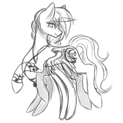 Size: 2000x2000 | Tagged: safe, artist:kurochhi, oc, oc only, oc:moondrop melody, species:alicorn, species:pony, female, flying, high res, mare, monochrome, sketch, solo