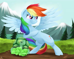 Size: 4900x3900 | Tagged: safe, artist:poecillia-gracilis19, character:rainbow dash, character:tank, species:pegasus, species:pony, absurd resolution, bipedal, bipedal leaning, food, leaning, lettuce, pet, pose, usain bolt