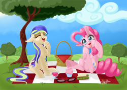 Size: 1000x717 | Tagged: safe, artist:unisoleil, character:pinkie pie, oc, oc:madeline, species:earth pony, species:pony, cupcake, female, food, funny face, glasses, mare, picnic, picnic blanket, silly, silly pony