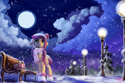 Size: 3000x2000 | Tagged: safe, artist:nemo2d, character:fluttershy, species:pegasus, species:pony, beanie, bench, boots, box, clothing, cloud, cloudy, female, folded wings, full moon, hat, lamppost, looking away, looking up, moon, night, pine tree, present, scarf, scenery, snow, snowfall, solo, standing, starry night, stars, street, streetlight, tree, winter, winter outfit