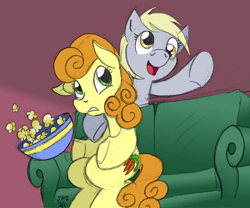 Size: 800x666 | Tagged: safe, artist:elosande, artist:pacce, character:carrot top, character:derpy hooves, character:golden harvest, species:earth pony, species:pegasus, species:pony, couch, duo, duo female, female, food, mare, popcorn, sitting