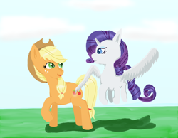 Size: 900x700 | Tagged: safe, artist:eulicious, character:applejack, character:rarity, species:alicorn, species:pony, ship:rarijack, butt touch, feathermarking, female, lesbian, looking at each other, race swap, raricorn, shipping