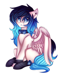 Size: 2338x2890 | Tagged: safe, artist:kurochhi, oc, oc only, species:pegasus, species:pony, :3, bow tie, choker, clothing, commission, cute, female, gradient hair, mare, ocbetes, simple background, sitting, smiling, socks, solo