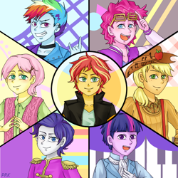 Size: 900x900 | Tagged: safe, artist:prk, character:applejack, character:fluttershy, character:pinkie pie, character:rainbow dash, character:rarity, character:sunset shimmer, character:twilight sparkle, oc:dusk shine, episode:friendship through the ages, equestria girls:rainbow rocks, g4, my little pony: equestria girls, my little pony:equestria girls, '90s, 2000s, 50s, 60s, 70s, 80s, applejack (male), bubble berry, butterscotch, clothing, devil horn (gesture), elusive, equestria guys, humane six, looking at you, male, open mouth, pixiv, prince dusk, rainbow blitz, rock on, rule 63, shutter shades, sunset glare