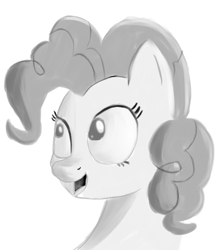 Size: 635x732 | Tagged: safe, alternate version, artist:itsthinking, character:pinkie pie, species:earth pony, species:pony, bust, female, grayscale, monochrome, open mouth, portrait, simple background, smiling, solo, white background