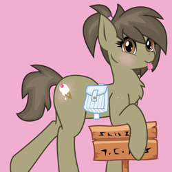Size: 1000x1000 | Tagged: safe, artist:aaa-its-spook, artist:spook, oc, oc only, oc:sweethooves, species:earth pony, species:pony, pony town, blushing, brown eyes, brown mane, butt blush, butt freckles, chest fluff, cute, freckles, holding, looking at you, ponytail, saddle bag, short tail, sign, silly, smiling, solo, tongue out