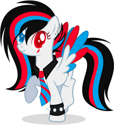Size: 5141x5617 | Tagged: safe, artist:snowbunny0820, oc, oc only, oc:huirou lazuli, species:pegasus, species:pony, absurd resolution, colored pupils, colored wings, colored wingtips, cute, ear piercing, earring, face paint, heterochromia, jewelry, looking at you, multicolored wings, necktie, piercing, raised hoof, raised leg, simple background, smiling, solo, spiked wristband, spread wings, transparent background, wings, wristband