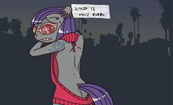 Size: 1330x811 | Tagged: safe, artist:grinwild, character:maud pie, character:tree hugger, backless, clothing, dialogue, female, glasses, looking back, open-back sweater, sleeveless sweater, solo, sweater, tattoo, virgin killer sweater
