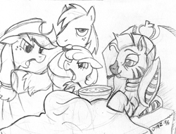 Size: 800x611 | Tagged: safe, artist:elosande, character:apple bloom, character:applejack, character:big mcintosh, character:zecora, species:earth pony, species:pony, species:zebra, argument, bed, female, filly, food, male, mare, monochrome, on back, sick, soup, stallion, thermometer