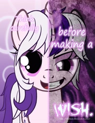 Size: 2000x2577 | Tagged: safe, artist:starbat, species:pony, g1, g4, evil grin, eyeshadow, female, generation leap, grin, insanity, lidded eyes, looking at you, makeup, mare, open mouth, smiling, solo, text, two sided posters, two sides