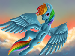 Size: 1400x1050 | Tagged: safe, artist:faline-art, character:rainbow dash, species:pegasus, species:pony, cloud, female, flying, solo, sunset, wings
