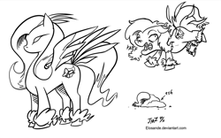 Size: 900x561 | Tagged: safe, artist:elosande, character:fluttershy, species:phoenix, species:pony, alternate cutie mark, ash, coughing, female, fusion, monochrome, solo, tail feathers