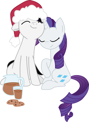 Size: 2616x3549 | Tagged: safe, artist:barrfind, character:rarity, oc, oc:barrfind, canon x oc, chocolate, chocolate milk, clothing, cookie, cuddling, eyes closed, female, food, hat, love, male, milk, rarifind, santa hat, shipping, simple background, smiling, snuggling, straight, transparent background, vector