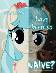 Size: 2000x2577 | Tagged: safe, artist:starbat, character:coco pommel, character:suri polomare, species:earth pony, species:pony, angry, female, grin, looking at you, mare, smiling, solo, text, two sided posters, two sides