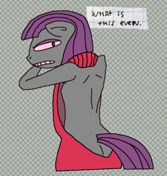 Size: 535x564 | Tagged: safe, artist:grinwild, character:maud pie, species:anthro, backless, clothing, dialogue, female, looking back, open-back sweater, simple background, sleeveless sweater, solo, sweater, virgin killer sweater