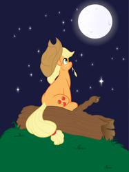 Size: 2488x3320 | Tagged: safe, artist:tim015, character:applejack, species:earth pony, species:pony, clothing, cowboy hat, female, floppy ears, full moon, hat, log, looking up, mare, moon, night, night sky, rear view, sitting, solo, starry night, stars, stetson