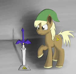 Size: 1400x1361 | Tagged: safe, artist:itsthinking, species:earth pony, species:pony, clothing, epona, female, hat, mare, master sword, ponified, smiling, solo, the legend of zelda, triforce, unshorn fetlocks