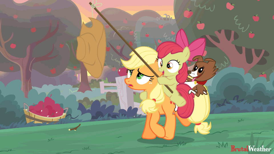 Size: 960x540 | Tagged: safe, artist:brutalweather studio, character:apple bloom, character:applejack, character:winona, species:dog, species:earth pony, species:pony, animated, applejack wants her hat back, applejack's hat, carrot on a stick, clothing, cowboy hat, eyes on the prize, female, frown, gif, hat, hatless, hoof hold, i can't believe it's not hasbro studios, loop, looping background, missing accessory, open mouth, ponies riding ponies, riding, sad, show accurate, silly, silly pony, tail wag, that pony sure does love her hat, tongue out, trotting, who's a silly pony